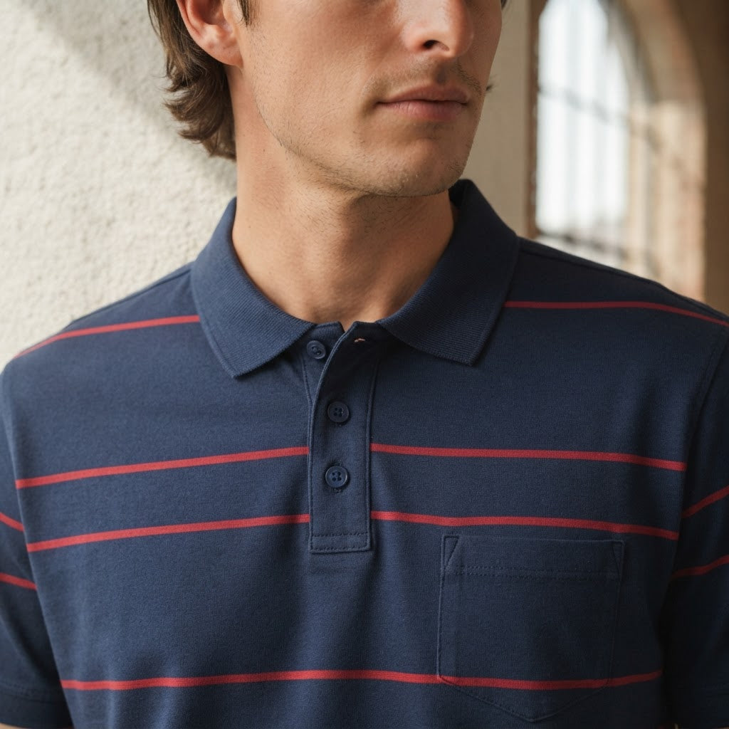 ANKO Navy Blue and Red Striped Men's Polo Shirt with Pocket