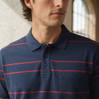 ANKO Navy Blue and Red Striped Men's Polo Shirt with Pocket