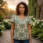 Women's Green Damask Print V-Neck Flutter Sleeve Blouse