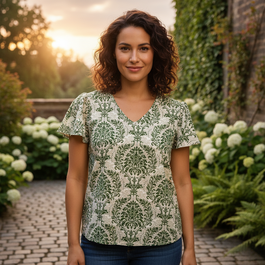 Women's Green Damask Print V-Neck Flutter Sleeve Blouse
