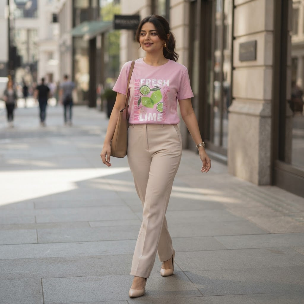 DECJUBA Baby Pink Graphic T-Shirt with Margarita Slogan