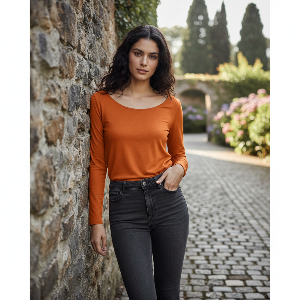 Esmara Women's Orange Long Sleeve Ribbed Cotton Top
