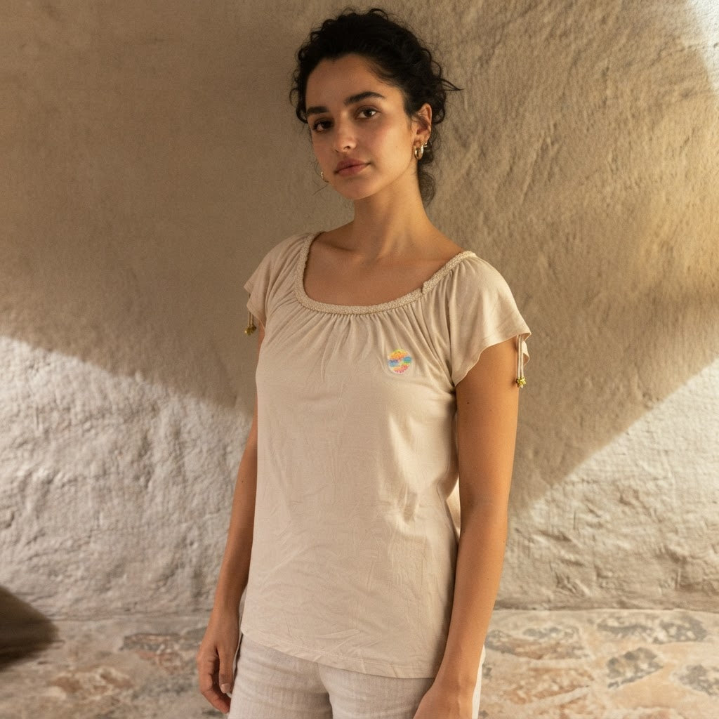 Love and Money Beige Gathered Neckline Top with Braided Meta