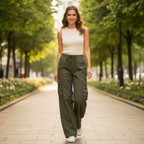 Women's Olive Green Wide-Leg Cargo Pants with Drawstring
