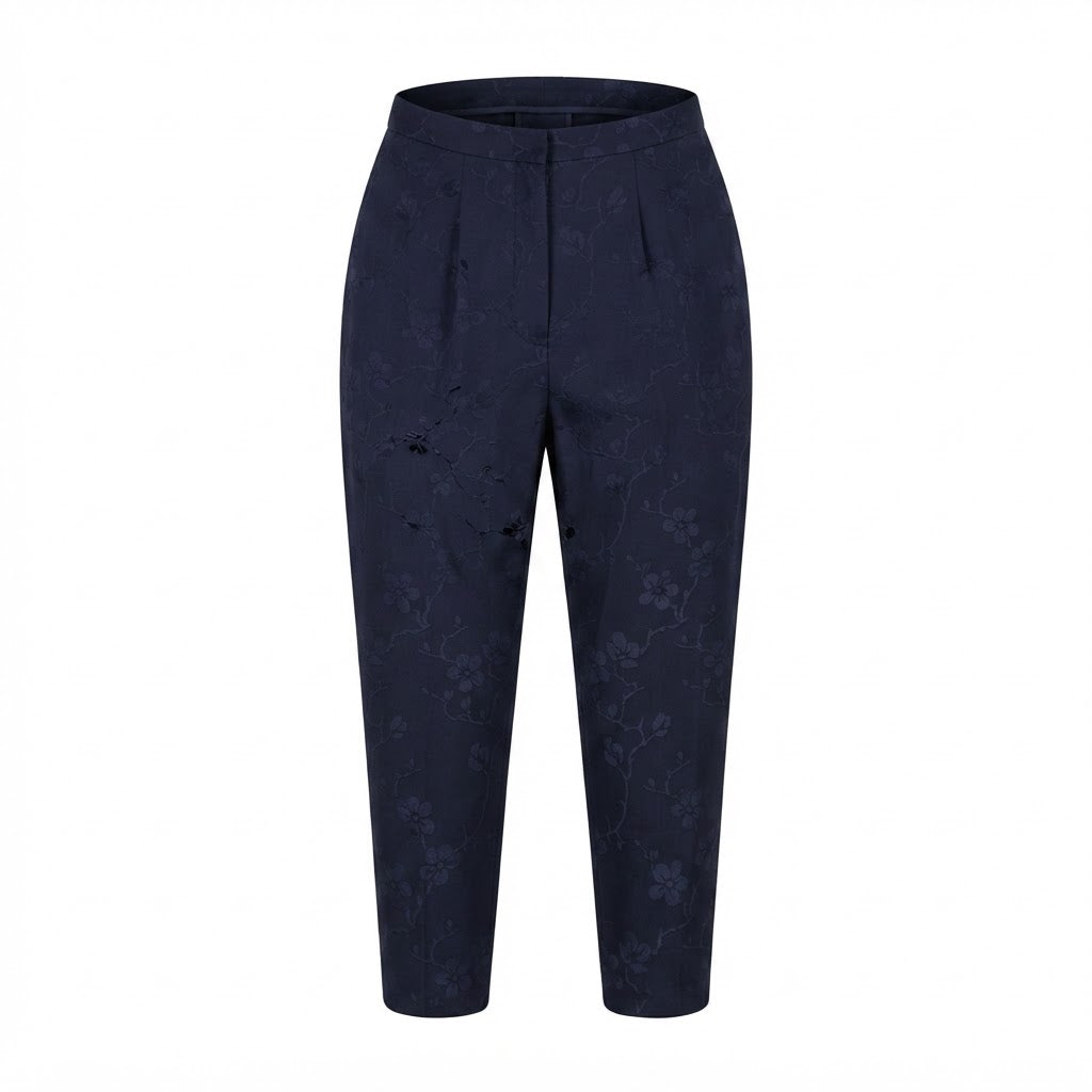 Women's Navy Floral Jacquard High-Waist Tailonavy blue Trousers