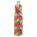 SHEIN SHEIN Multi-Colour Leopard Print Ruched Halter Maxi Dr