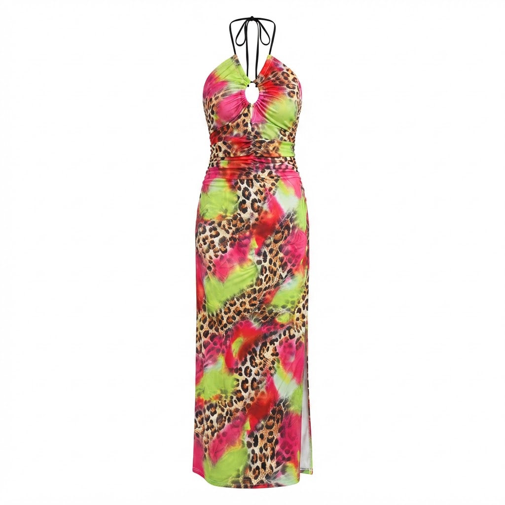 SHEIN SHEIN Multi-Colour Leopard Print Ruched Halter Maxi Dr