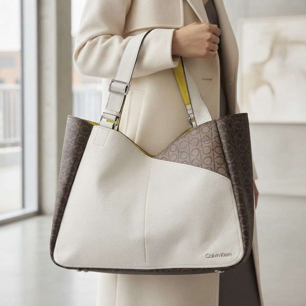 Calvin Klein Calvin Klein White Grained Monogram Tote