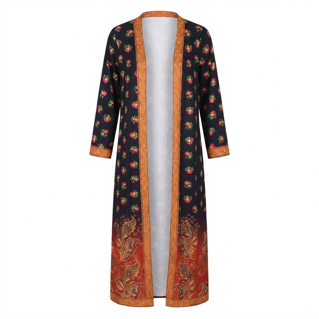 Women's Black Long Floral and Paisley Open-Front Dress