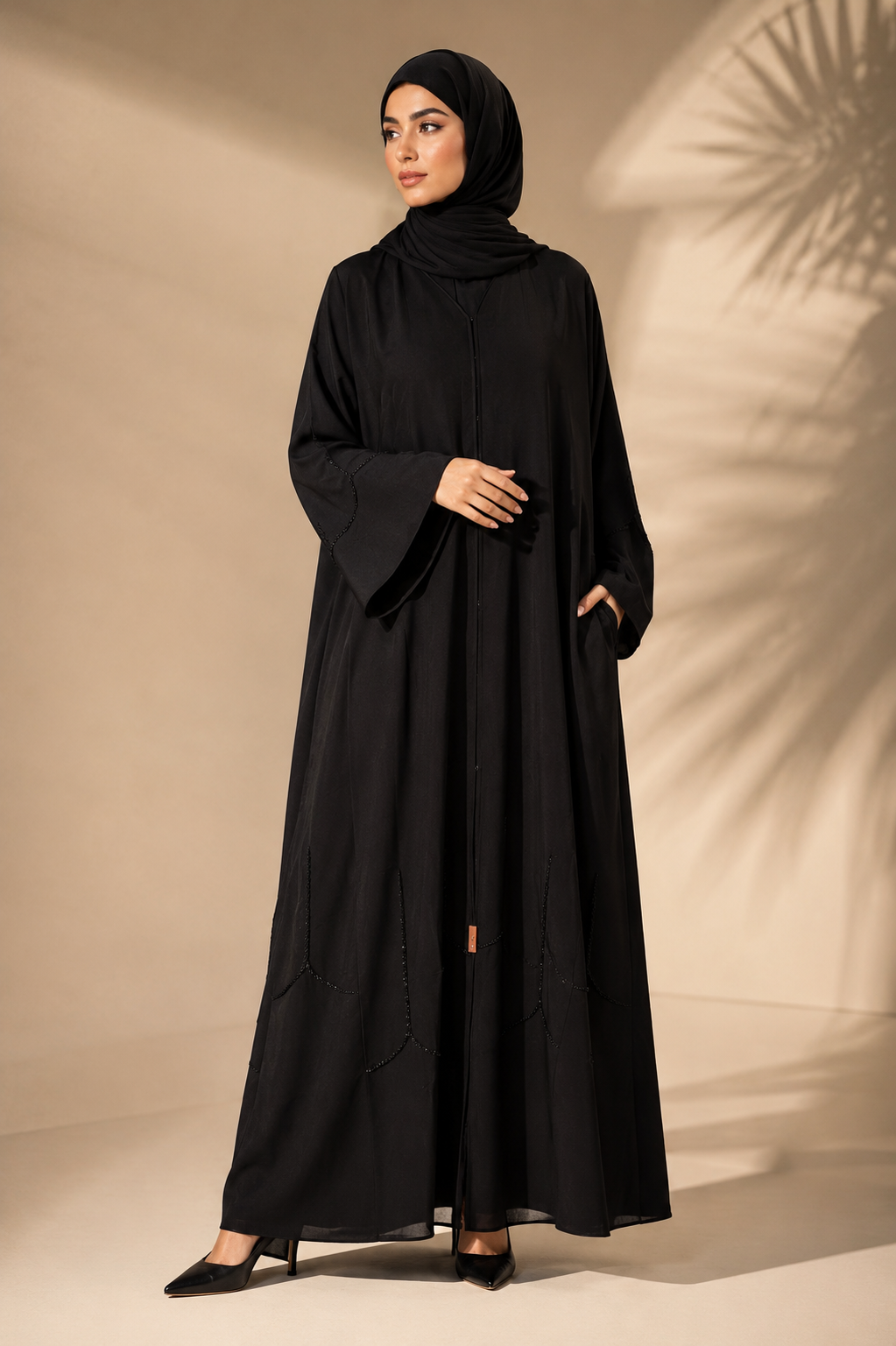 Elegant Black Beaded Polyester Abaya