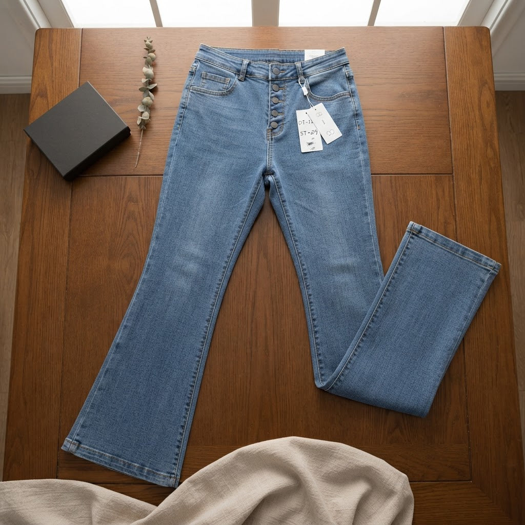 QS Mid-Wash Blue Flared Denim Jeans with Button Fly