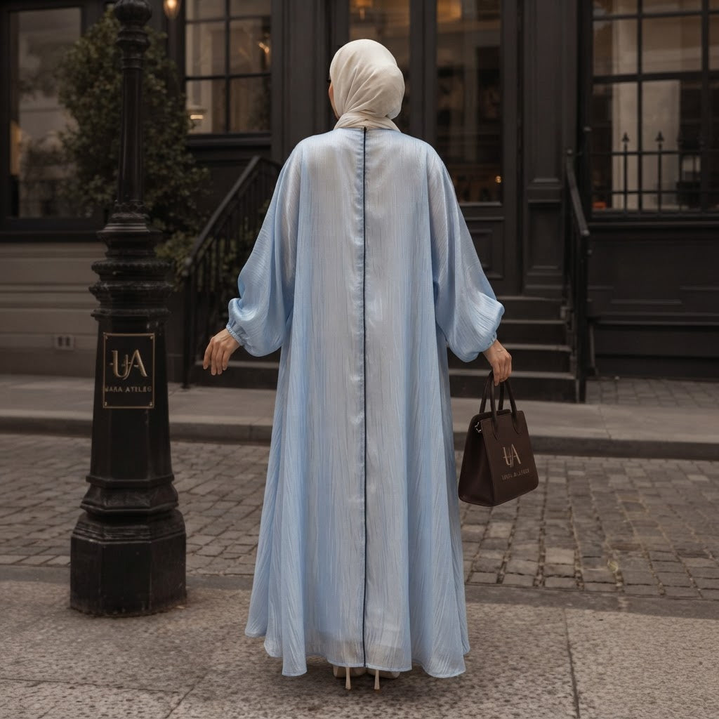 Powder Blue Crinkle Organza Floor-Length Abaya Dress