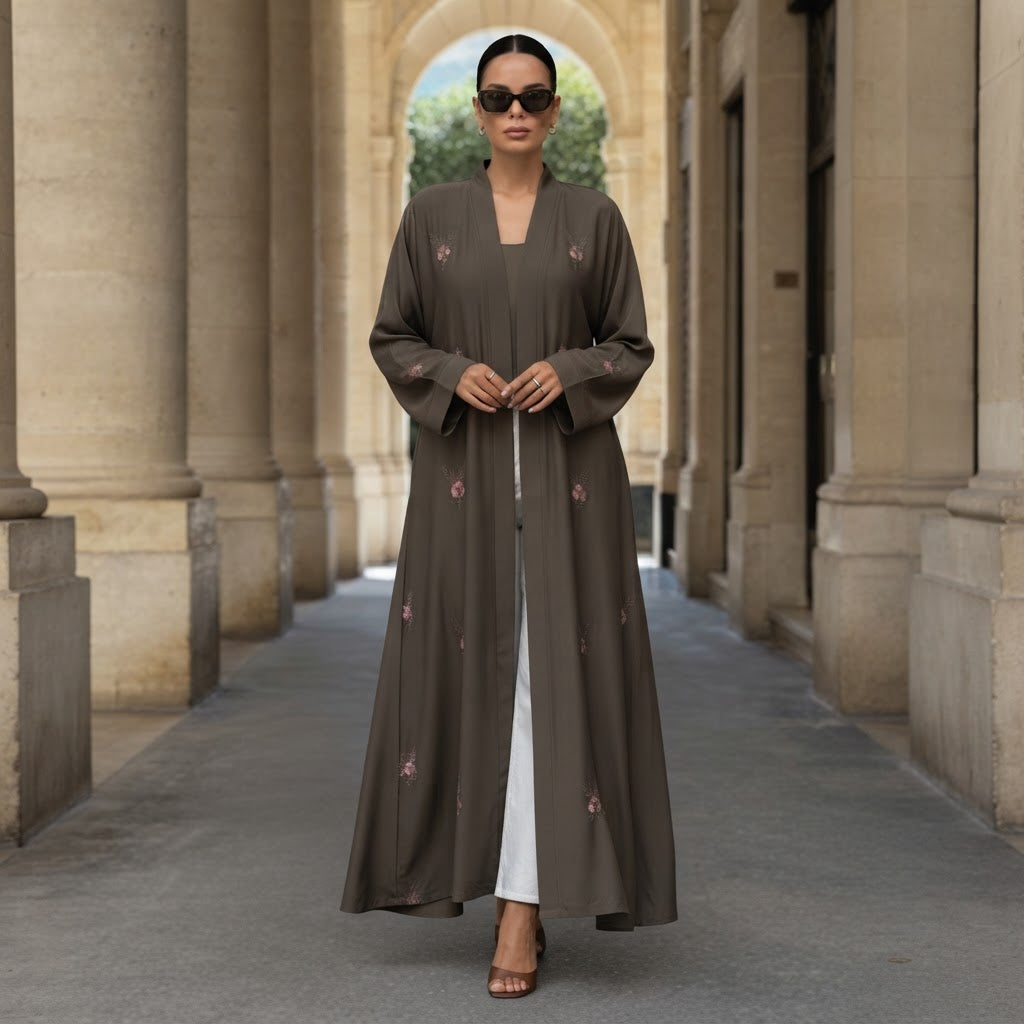 represent Olive Brown Embroidered Open-Front Abaya with Wide