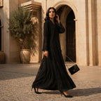 Black Open-Front Abaya with Floral Lace Cuffs and