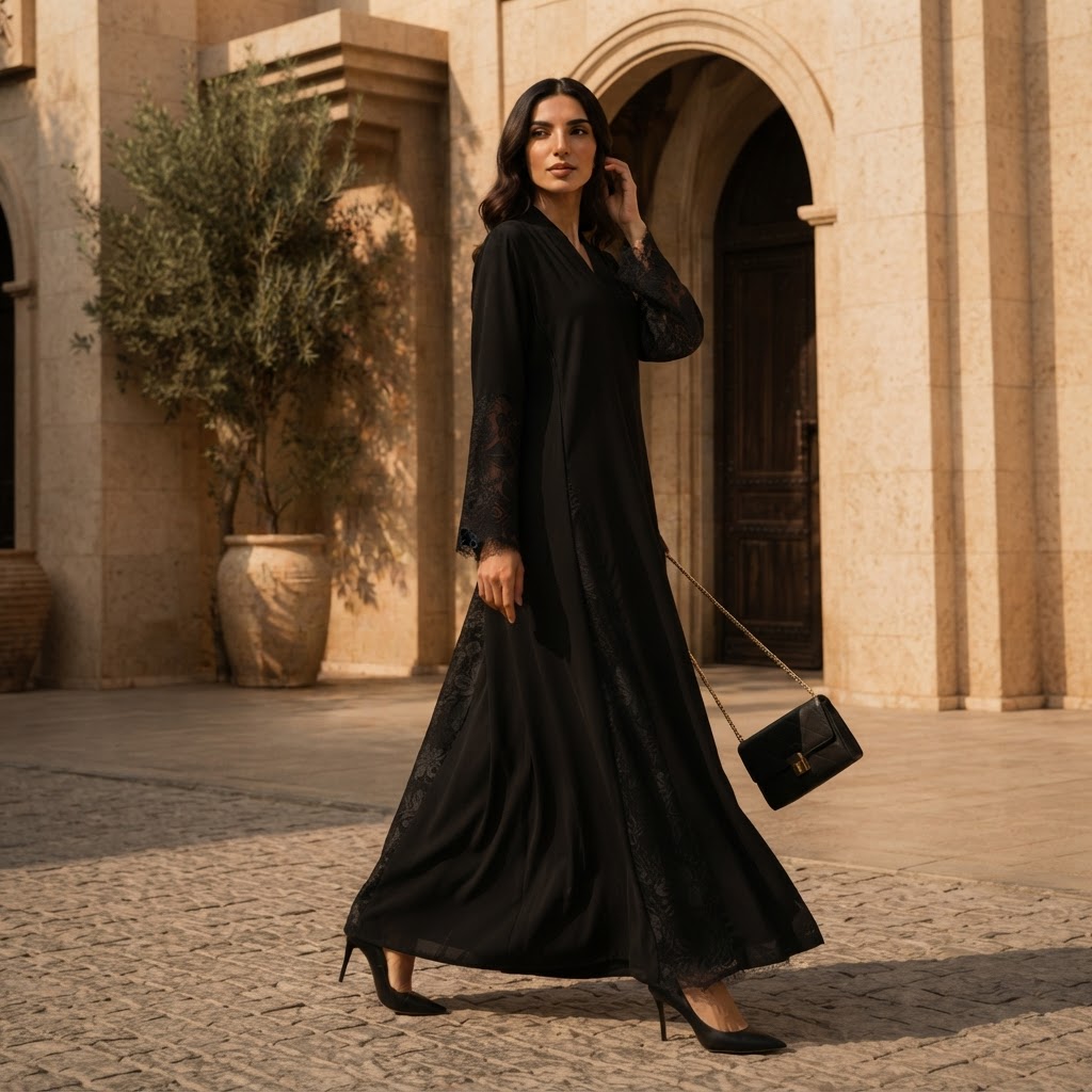 Black Open-Front Abaya with Floral Lace Cuffs and