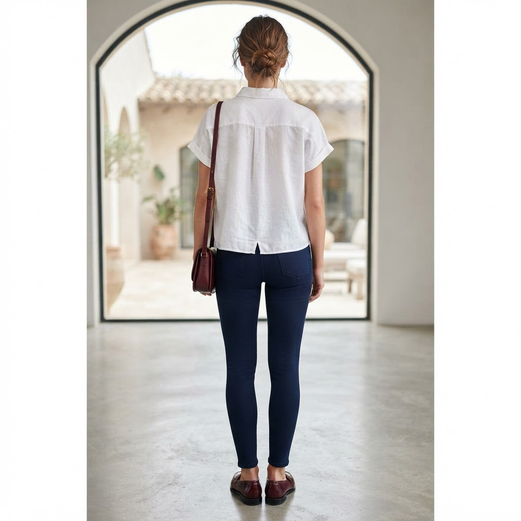 C&A Women's White Collarless Short Sleeve Linen Shirt