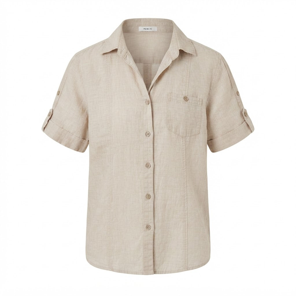 PUBLIC Women's Beige Linen Short Sleeve Button-Down Shirt