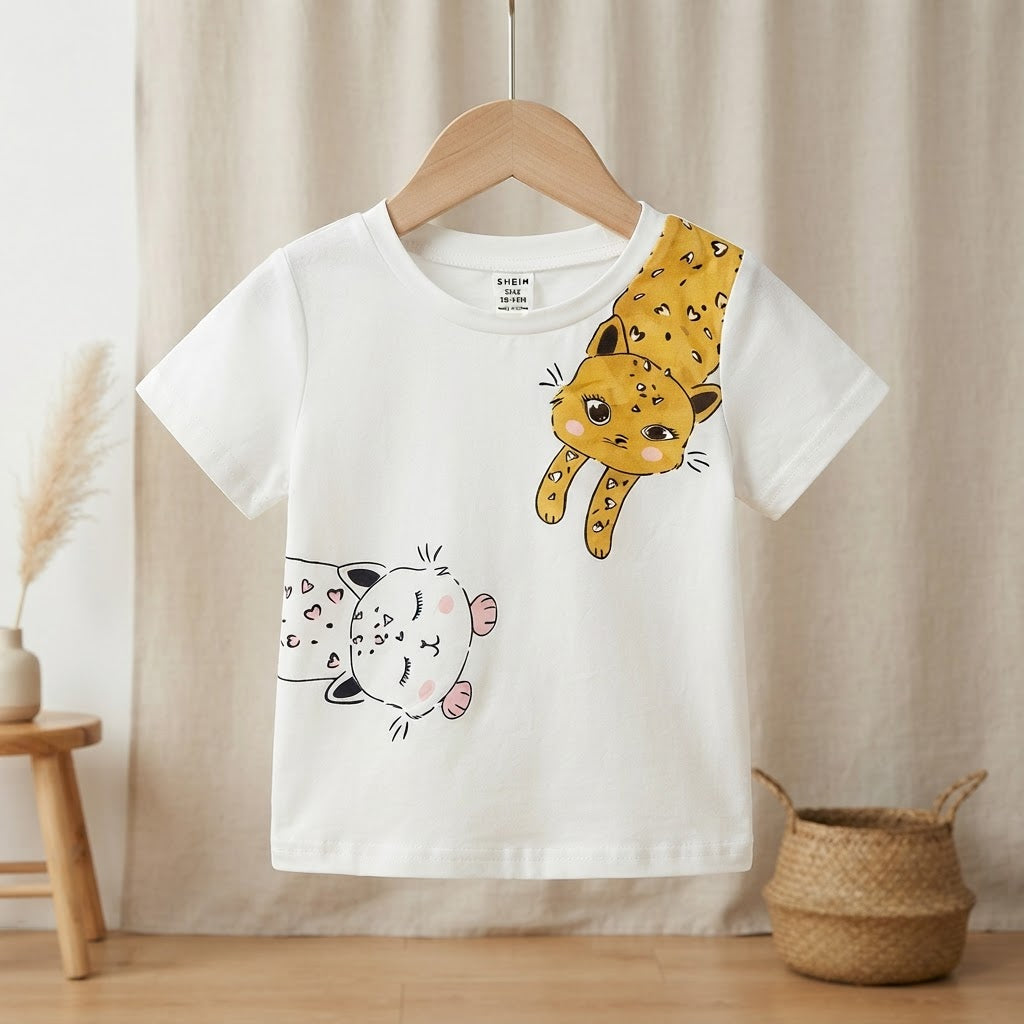 SHEIN White Short-Sleeve T-Shirt with Asymmetric Cat Graphic