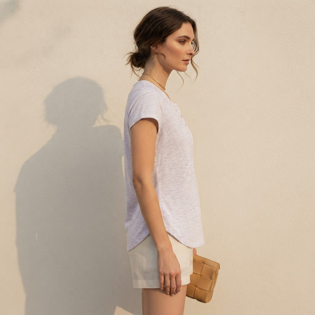 B Collection Lavender Space-Dye Henley T-Shirt with Cap Slee