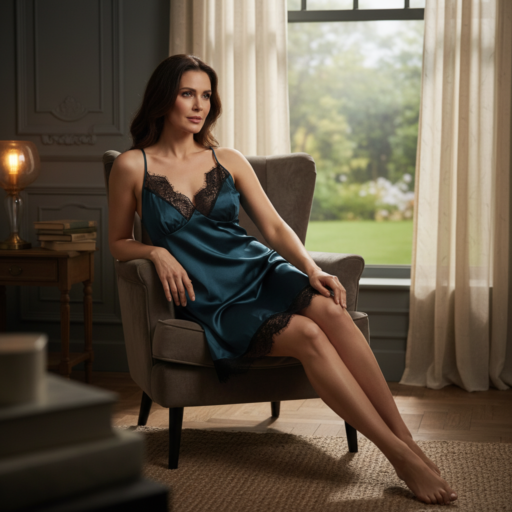 Women's Teal Satin Lace Trim Nightwear Chemise