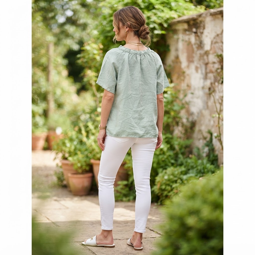 Women's Sage Green Linen Relaxed Button-Down Blouse
