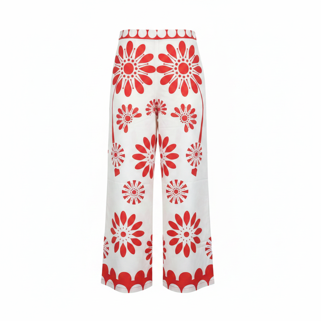 Women's Red Floral Print Wide Leg Pants - Size L