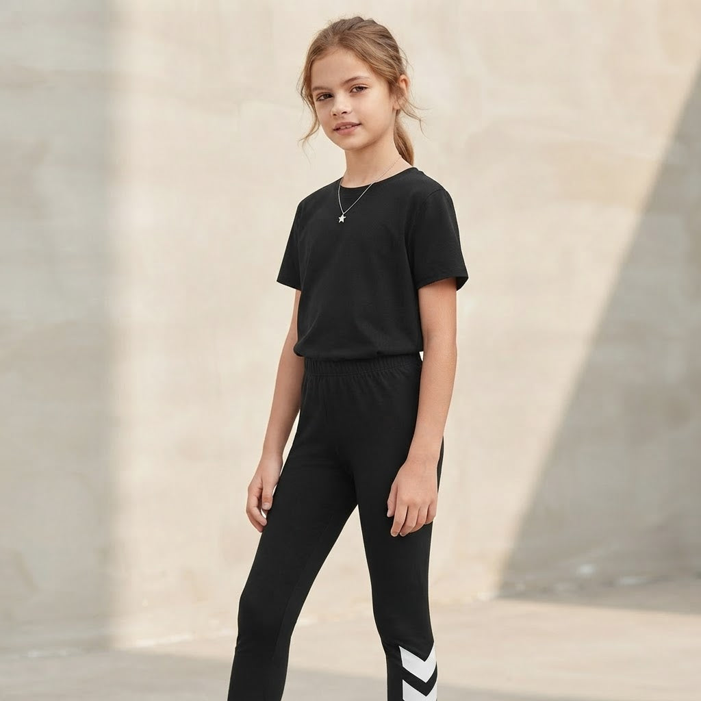 SHEIN Black Girls' Athletic Leggings with White Graphic Deta