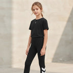 SHEIN Black Girls' Athletic Leggings with White Graphic Deta