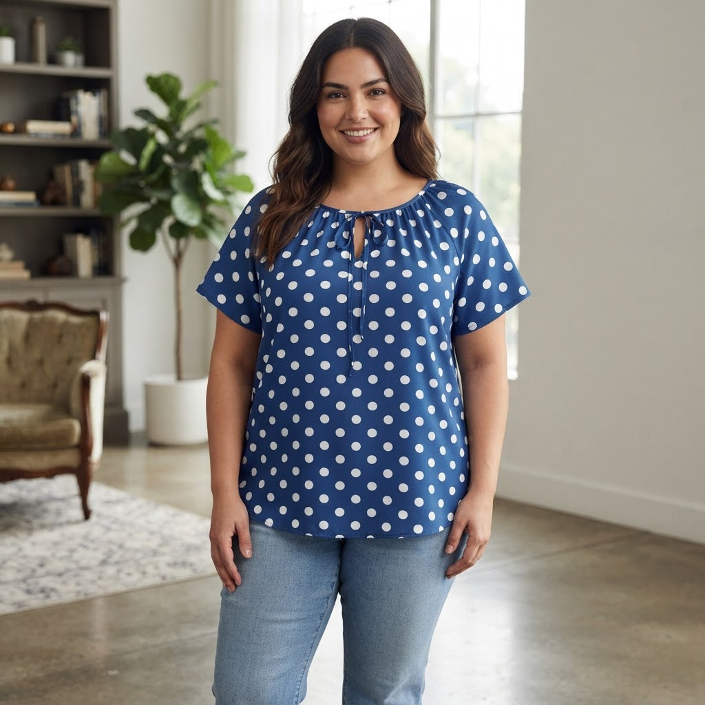 Women's Royal Blue Polka Dot Peasant Blouse