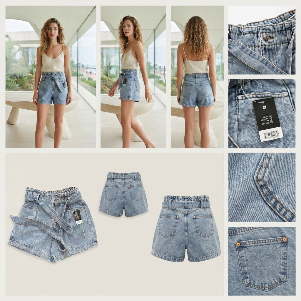 Light Wash High-Waisted Denim Shorts with Self-Tie Belt