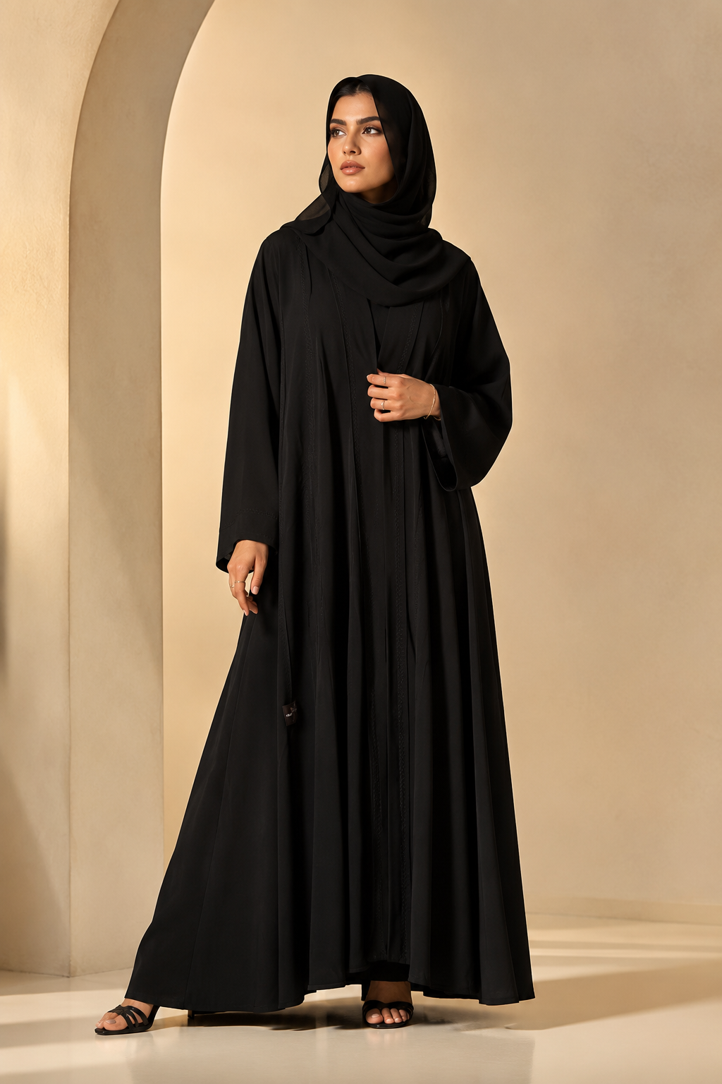 Elegant Black V-Neck Pintuck Abaya Maxi Dress