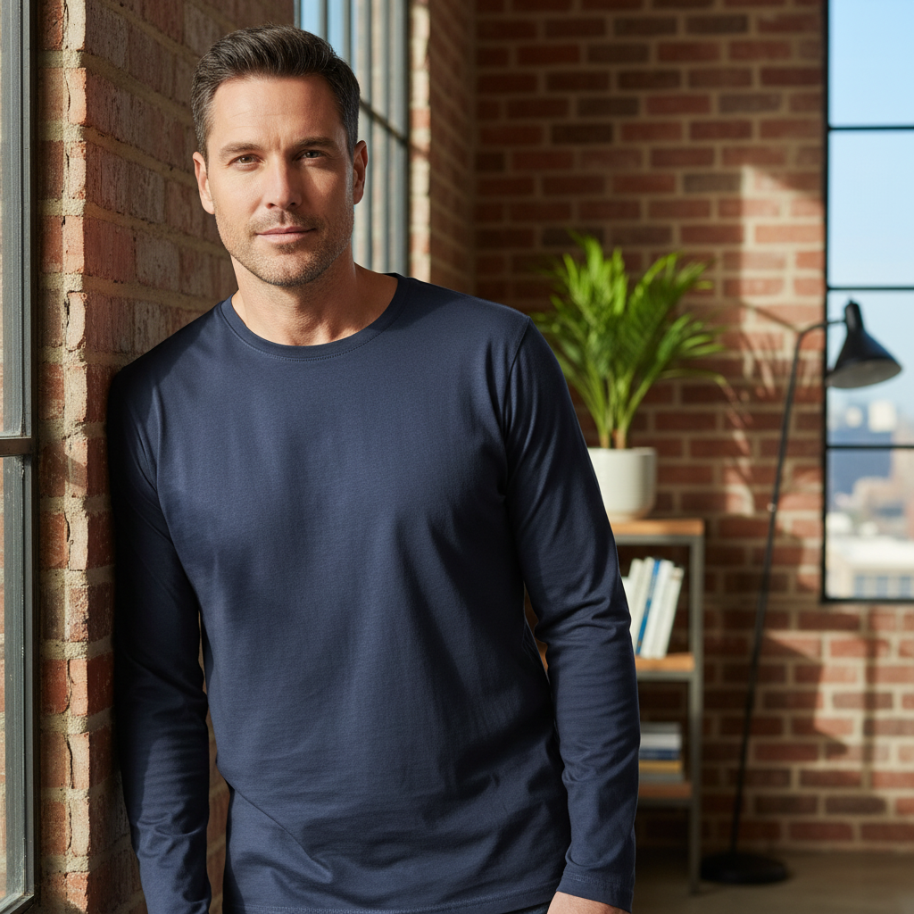 Livergy Men's Navy Blue Long Sleeve Cotton T-Shirt - XL