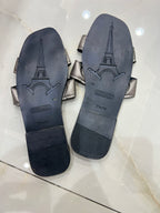 HERMES Gunmetal Metallic Flat Slides with H-Cutout Detail