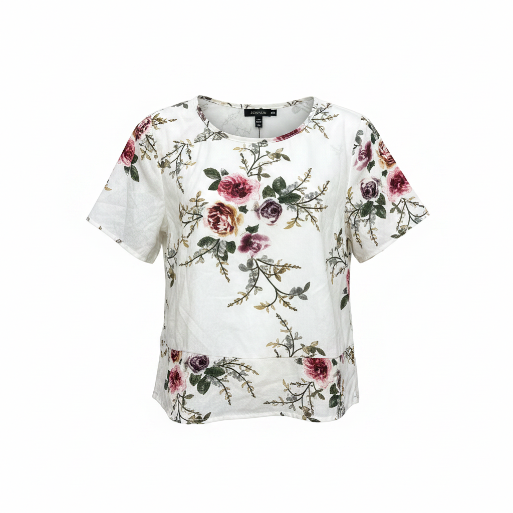 Women's White Floral Print Short Sleeve Cotton Blouse