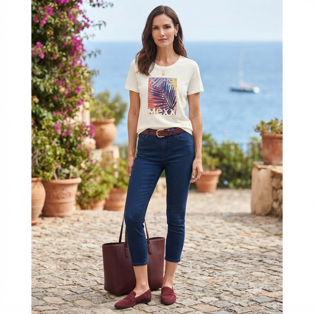MEXX Women's White Graphic Palm Leaf T-Shirt