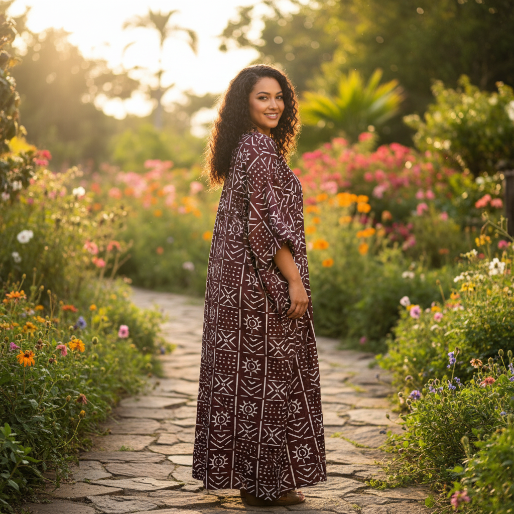 SHEIN Women's Brown Geometric Print Long Kimono Robe
