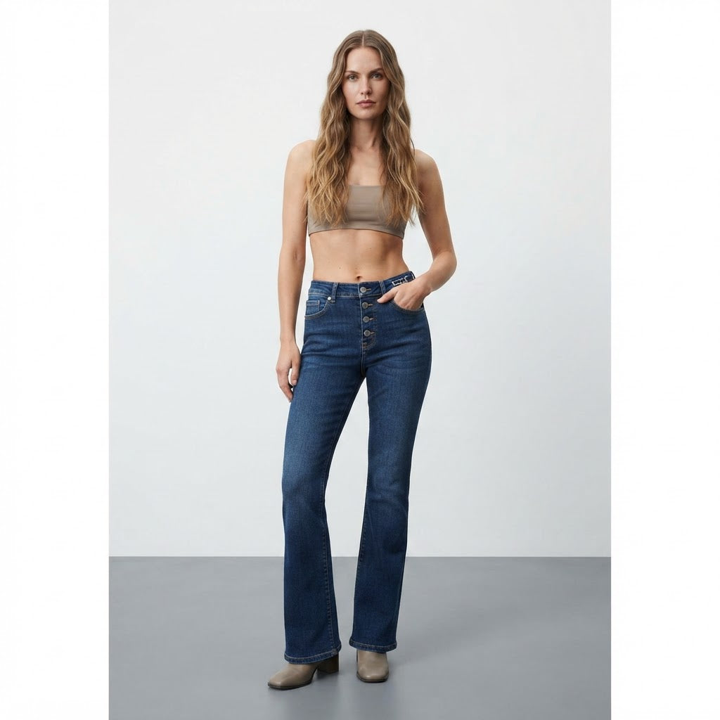 QS Deep Indigo Flared Jeans with Exposed Button Fly