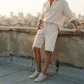 [WearU Generated:premium_master] BoohooMAN Ecru Cotton Denim Wide-Leg Cargo Shorts – front view