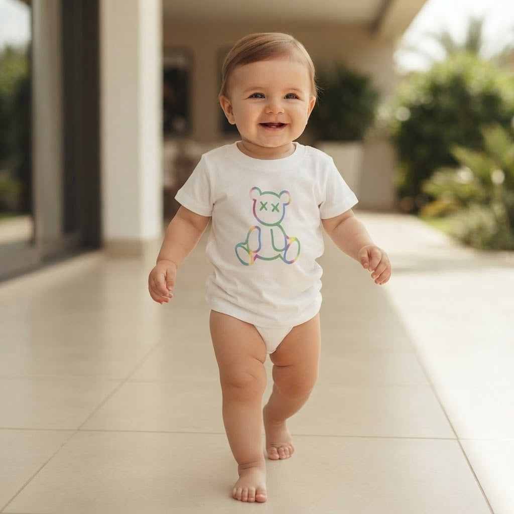 SHEIN White Infant T-Shirt with Rainbow Outline Bear Graphic