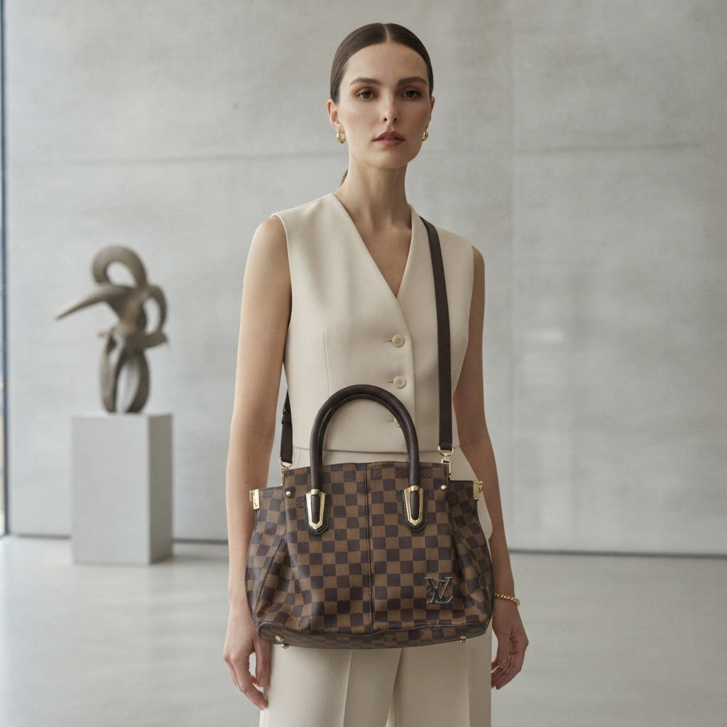 LOUIS VUITTON PARIS Brown Checkered Structured Top-Handle To