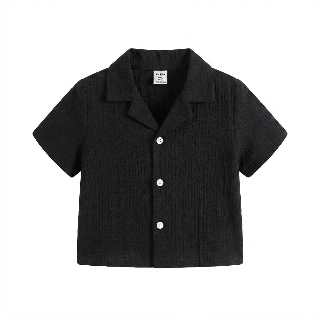 SHEIN SHEIN Black Crinkle Gauze Camp Collar Toddler Shirt