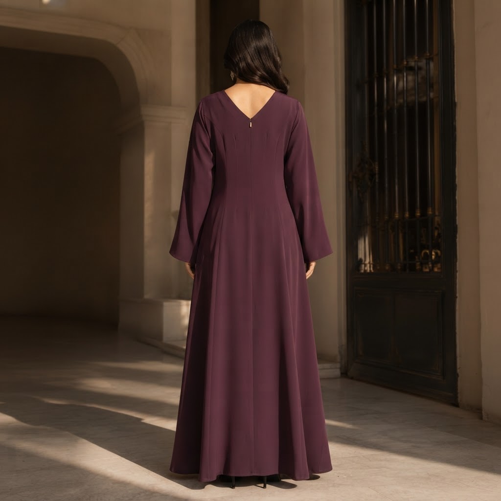 guess Deep Plum A-Line Abaya with Gold Fastening Details