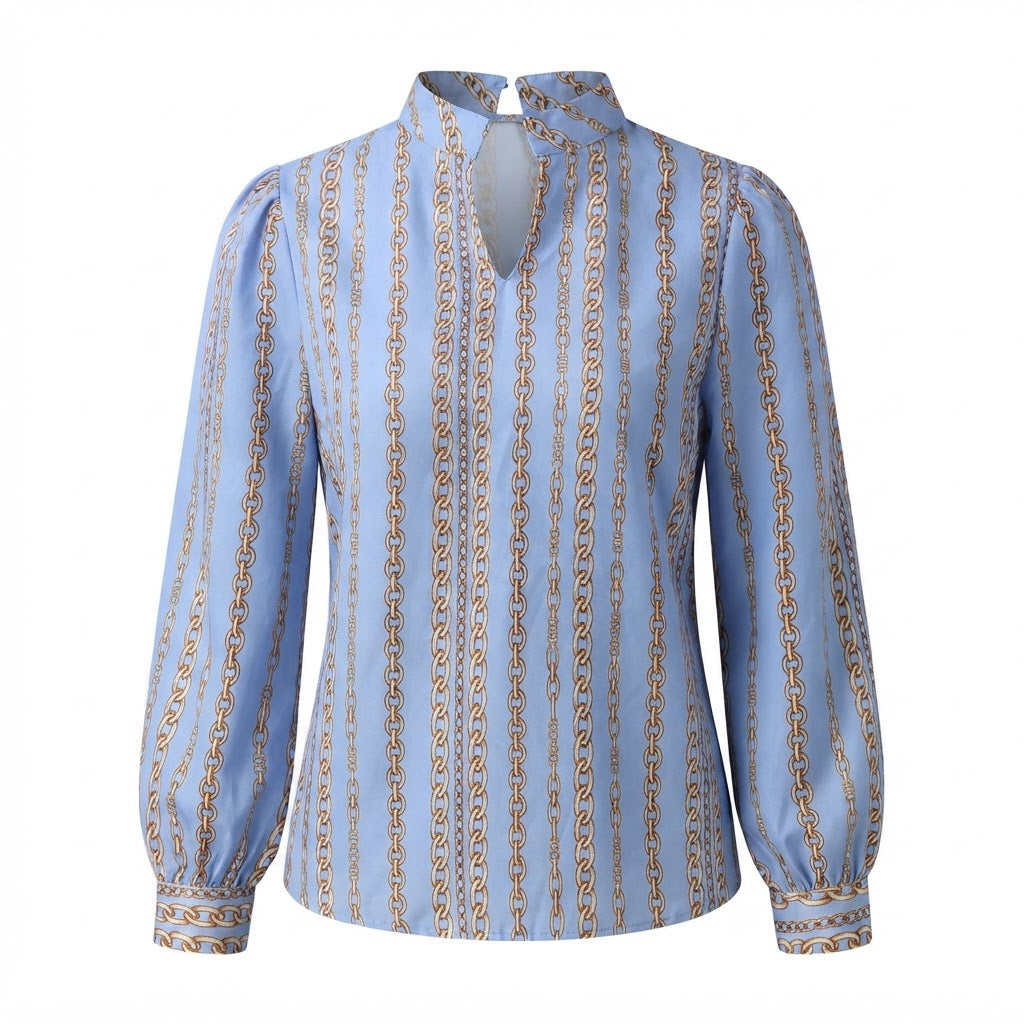 max Women's Light Blue Chain Print High-Neck Blouse