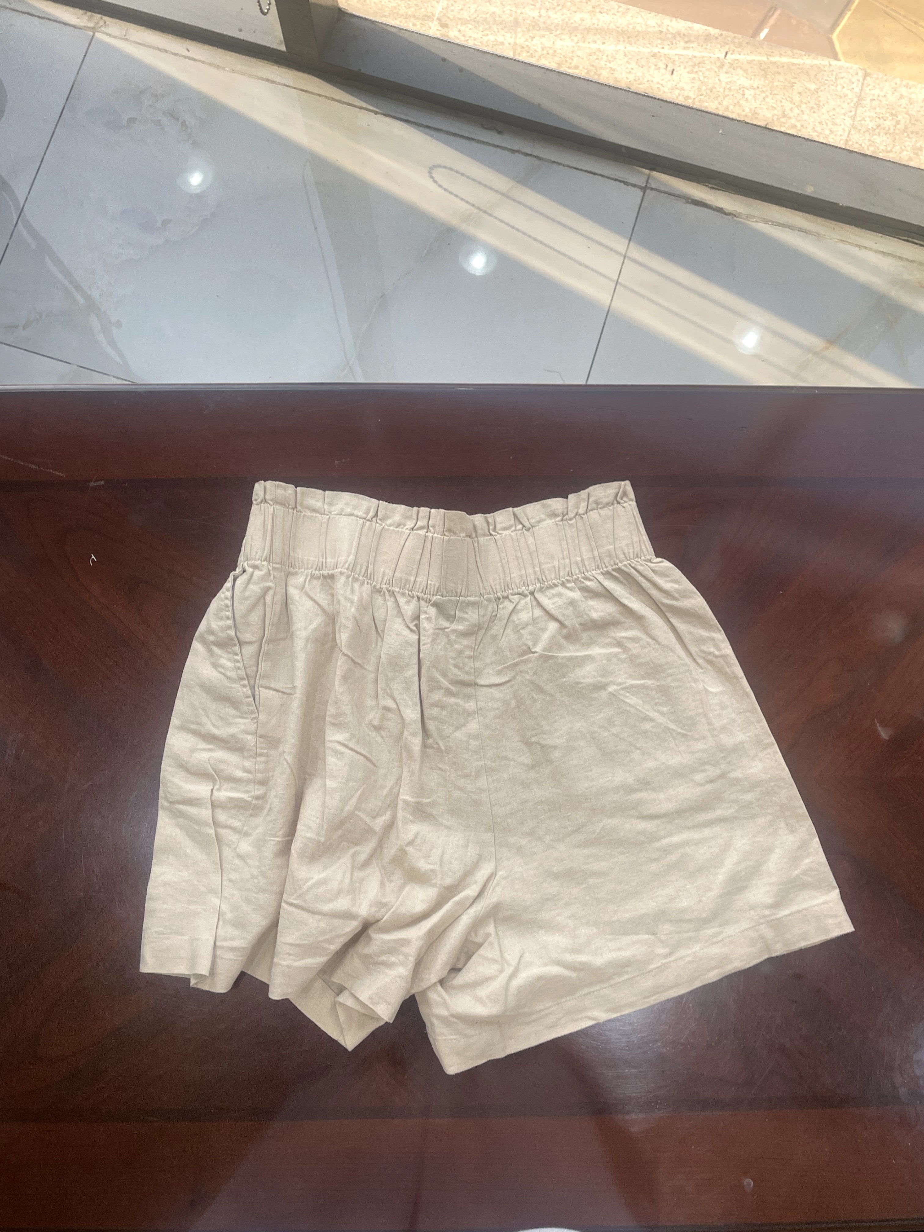 Sand Beige High-Waisted Linen-Blend Relaxed Shorts
