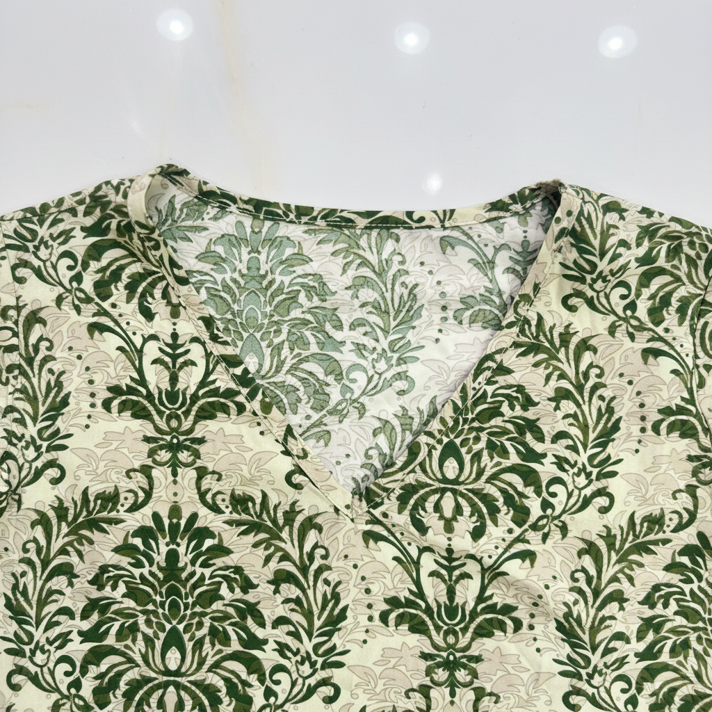 Women's Green Damask Print V-Neck Flutter Sleeve Blouse