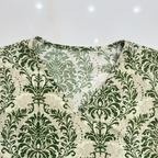 Women's Green Damask Print V-Neck Flutter Sleeve Blouse