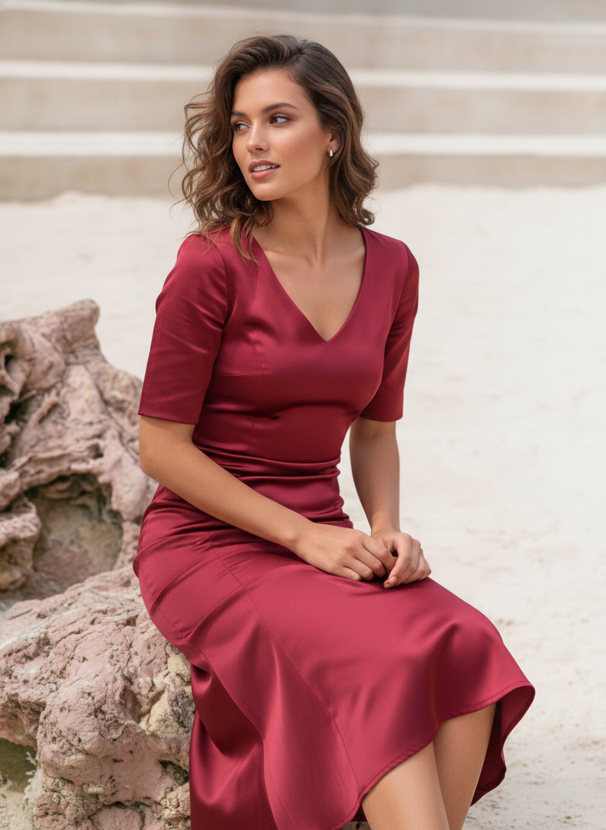 SWING Wine Red Satin Fit-and-Flare Midi Dress with Panelled