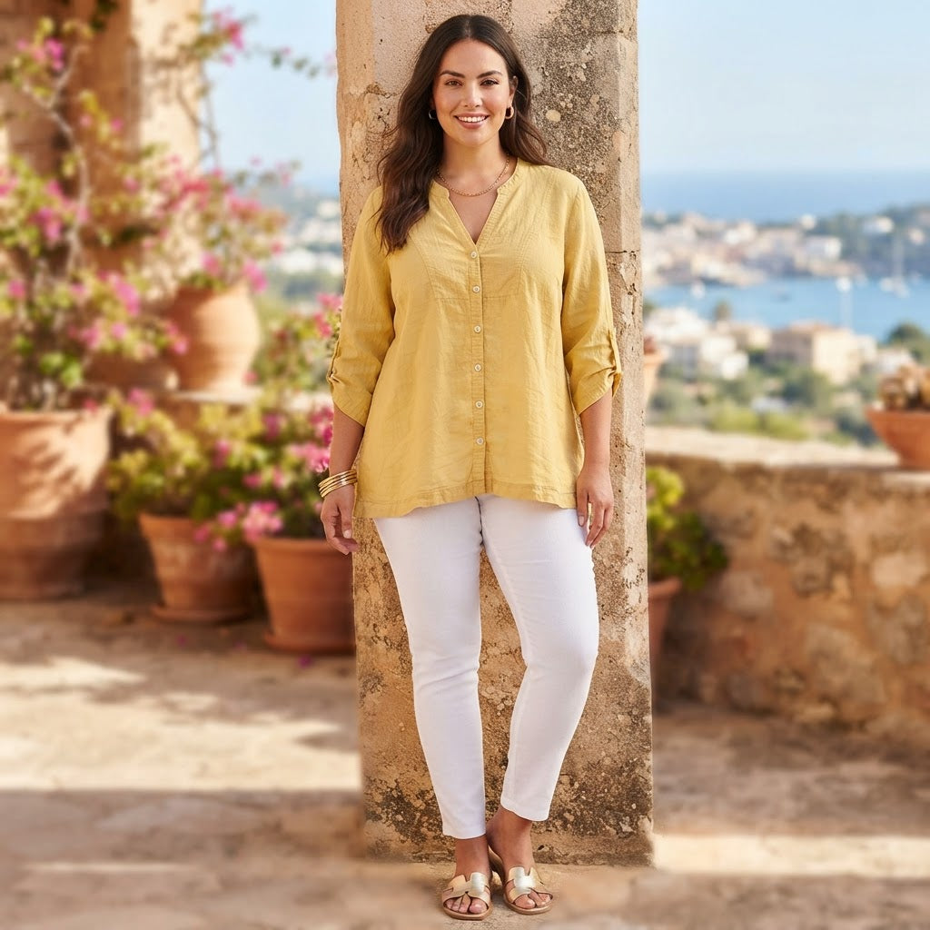 Women's Yellow Roll-Tab Sleeve Button-Down Blouse