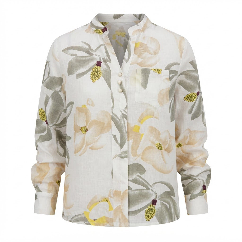 Women's Floral White Long Sleeve Mandarin Collar Shirt
