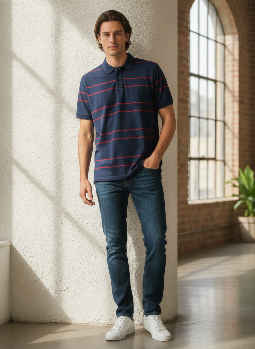 ANKO Navy Blue and Red Striped Men's Polo Shirt with Pocket